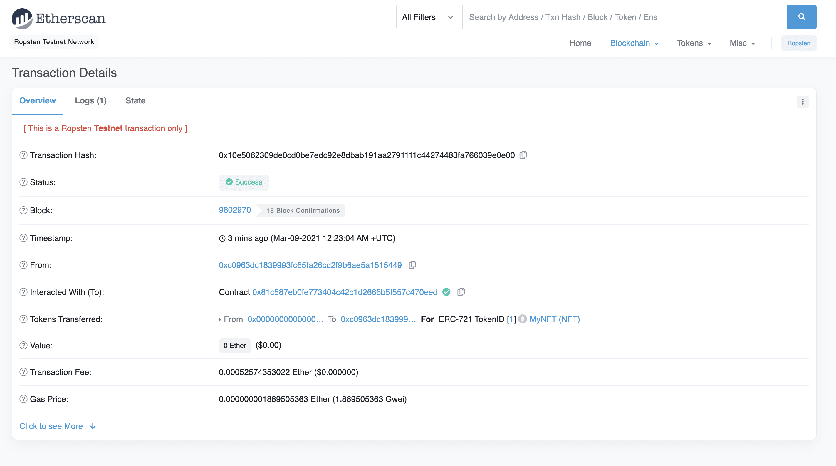 Block explorer search for the NFT mint transaction hash