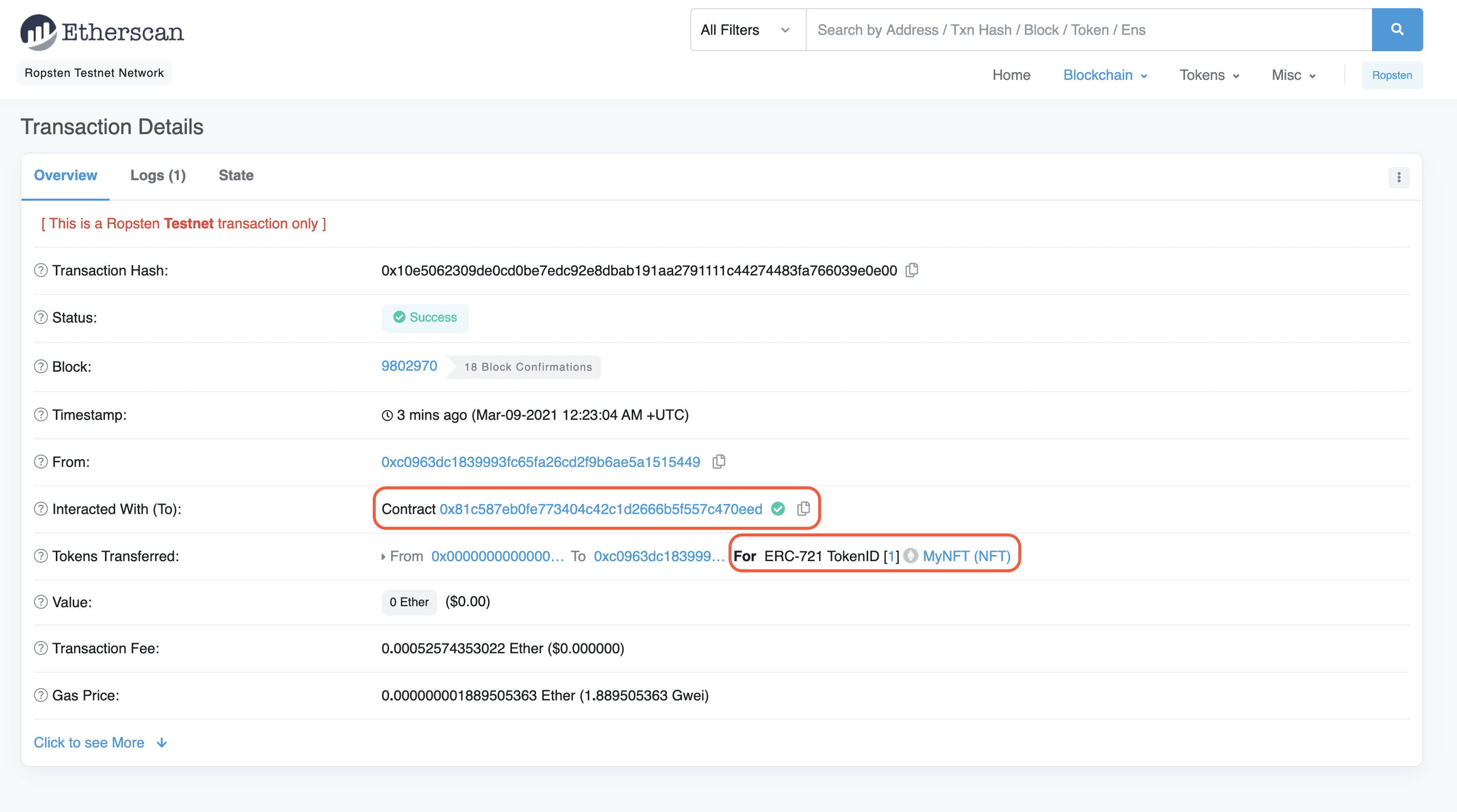 Etherscan: transaction hash and contract details of the minted NFT