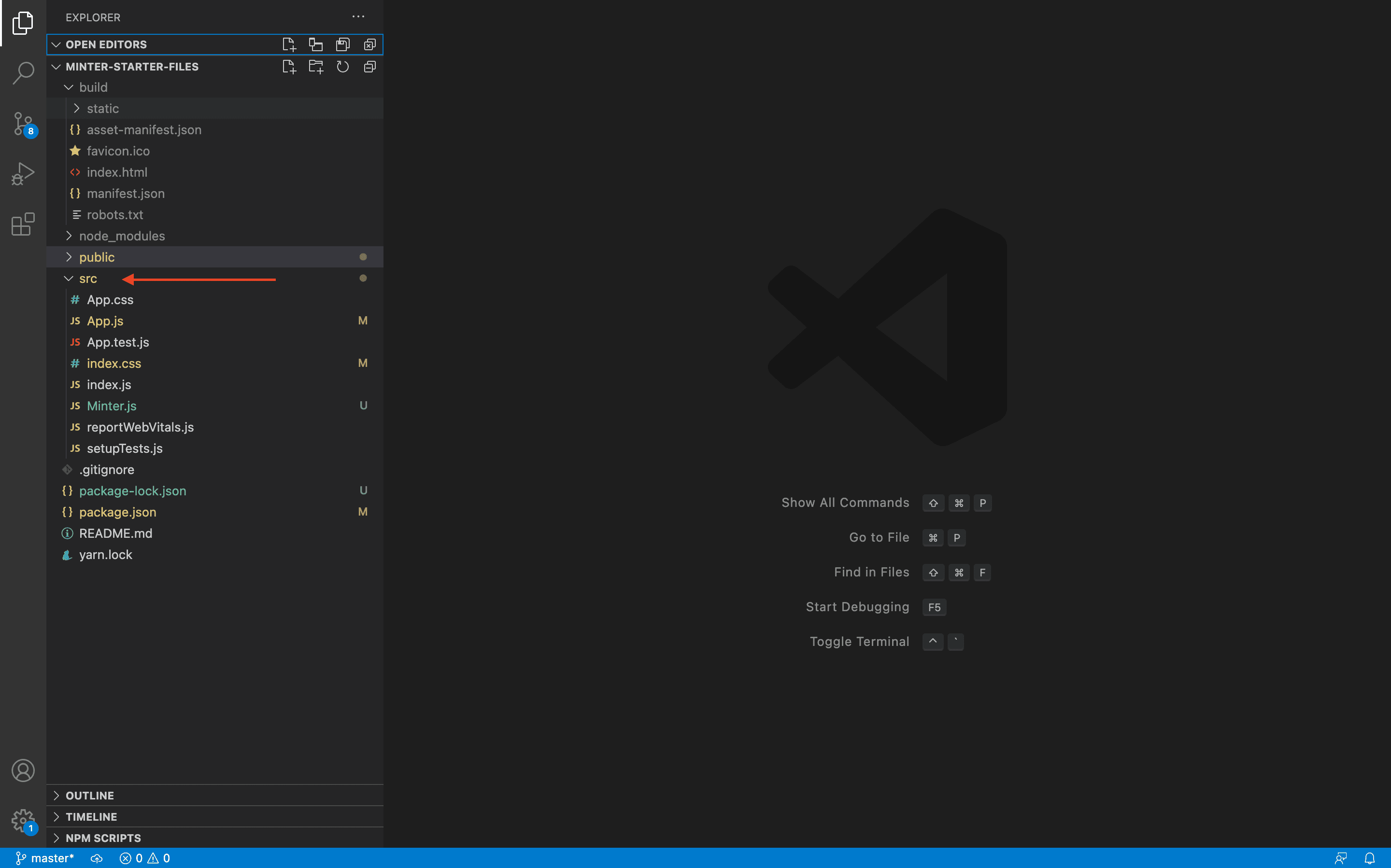 VSCode with the minter-starter-files project open, showing the src folder