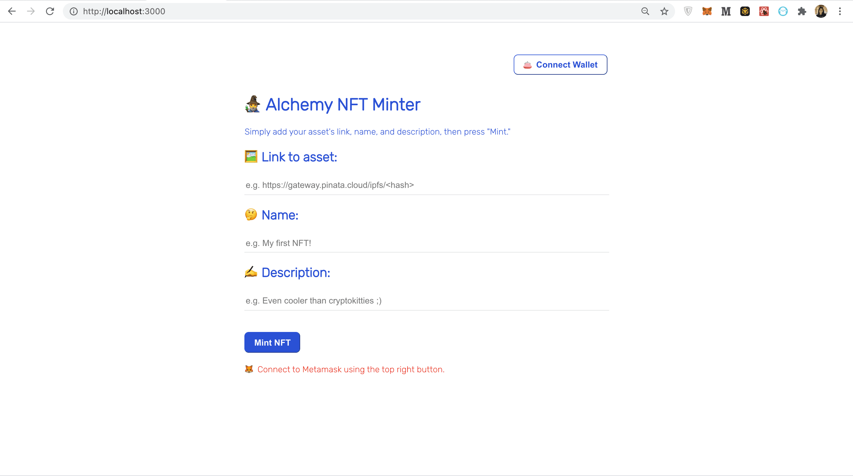 NFT minter frontend with fields for asset link, name, and description