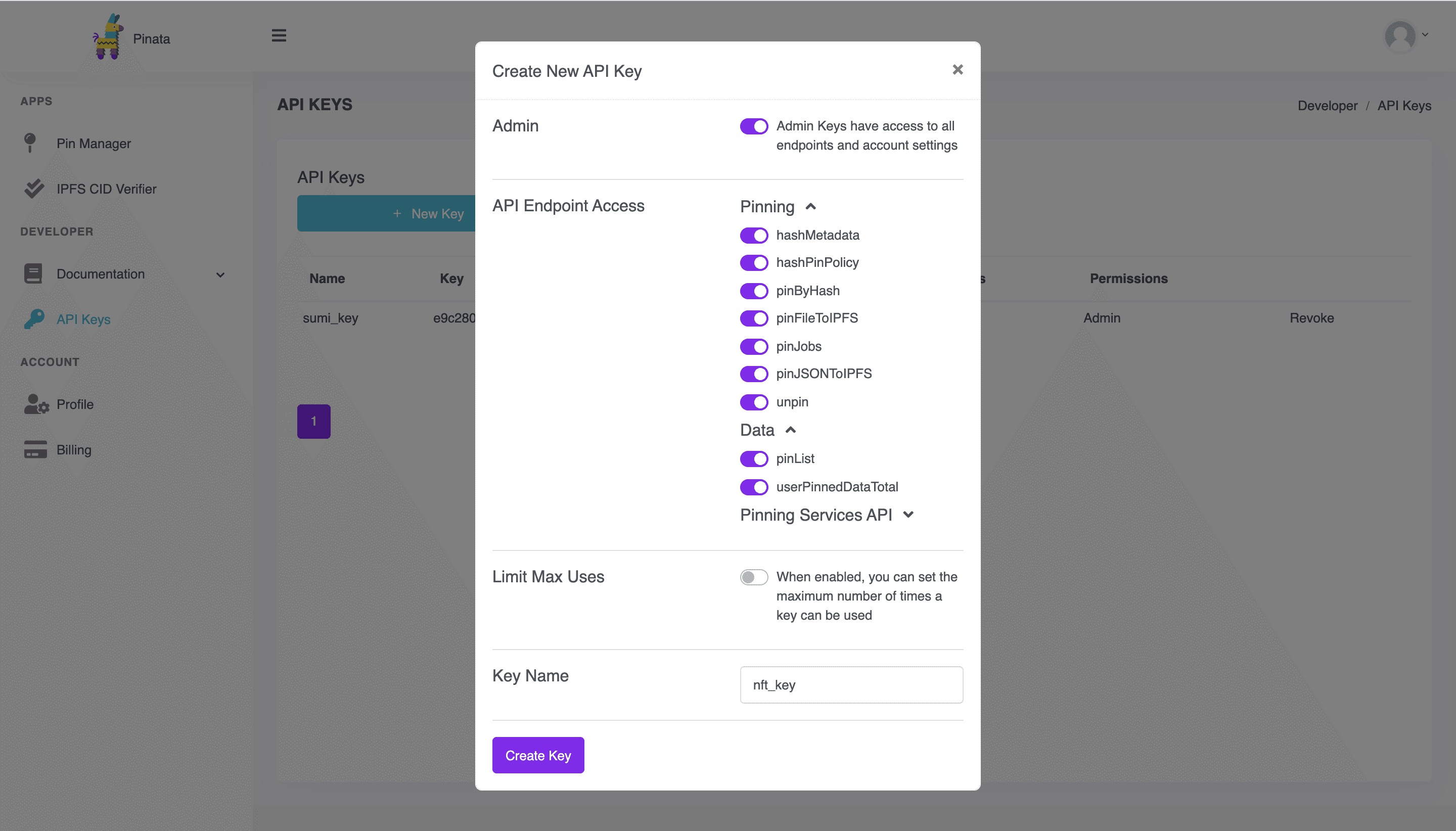 Pinata API keys page: creating a new key with the Admin widget enabled