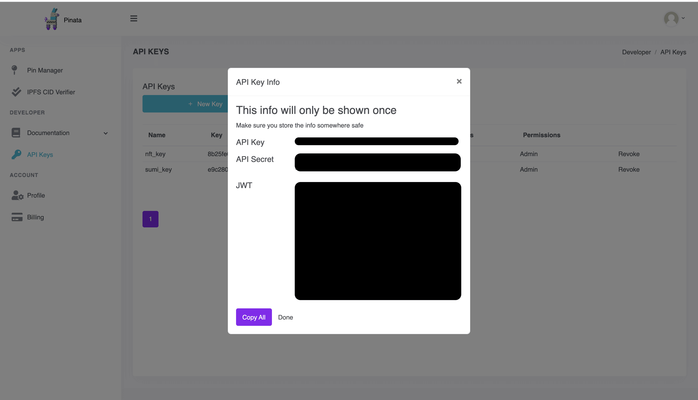 Make sure to save your API key and secret in a safe place