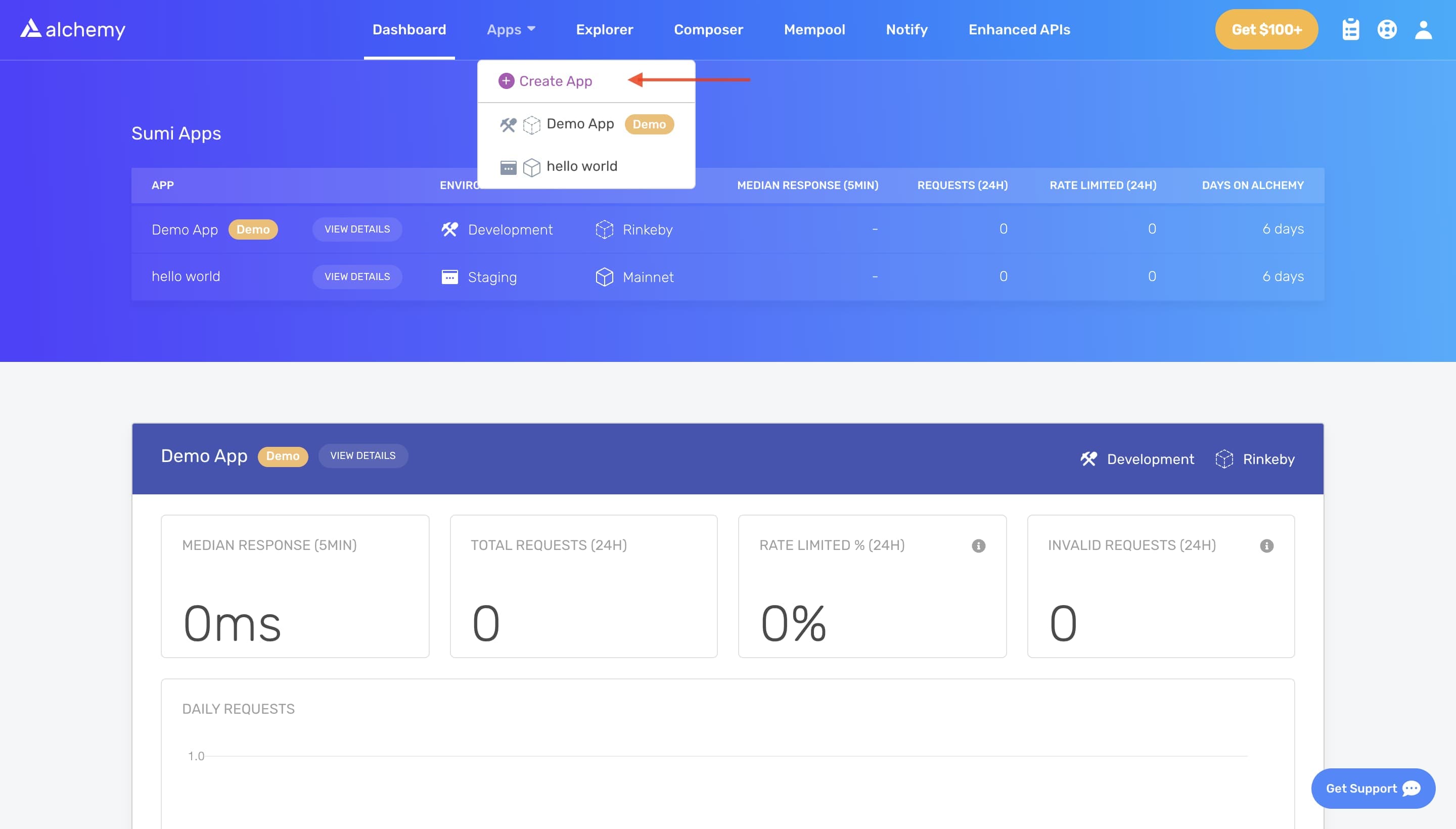 Alchemy dashboard: creating a new app from the Apps menu
