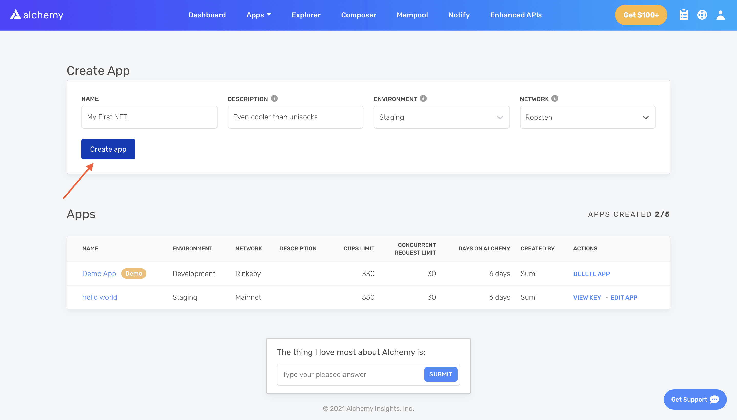 Alchemy dashboard: configuring app name, description, and Ropsten network
