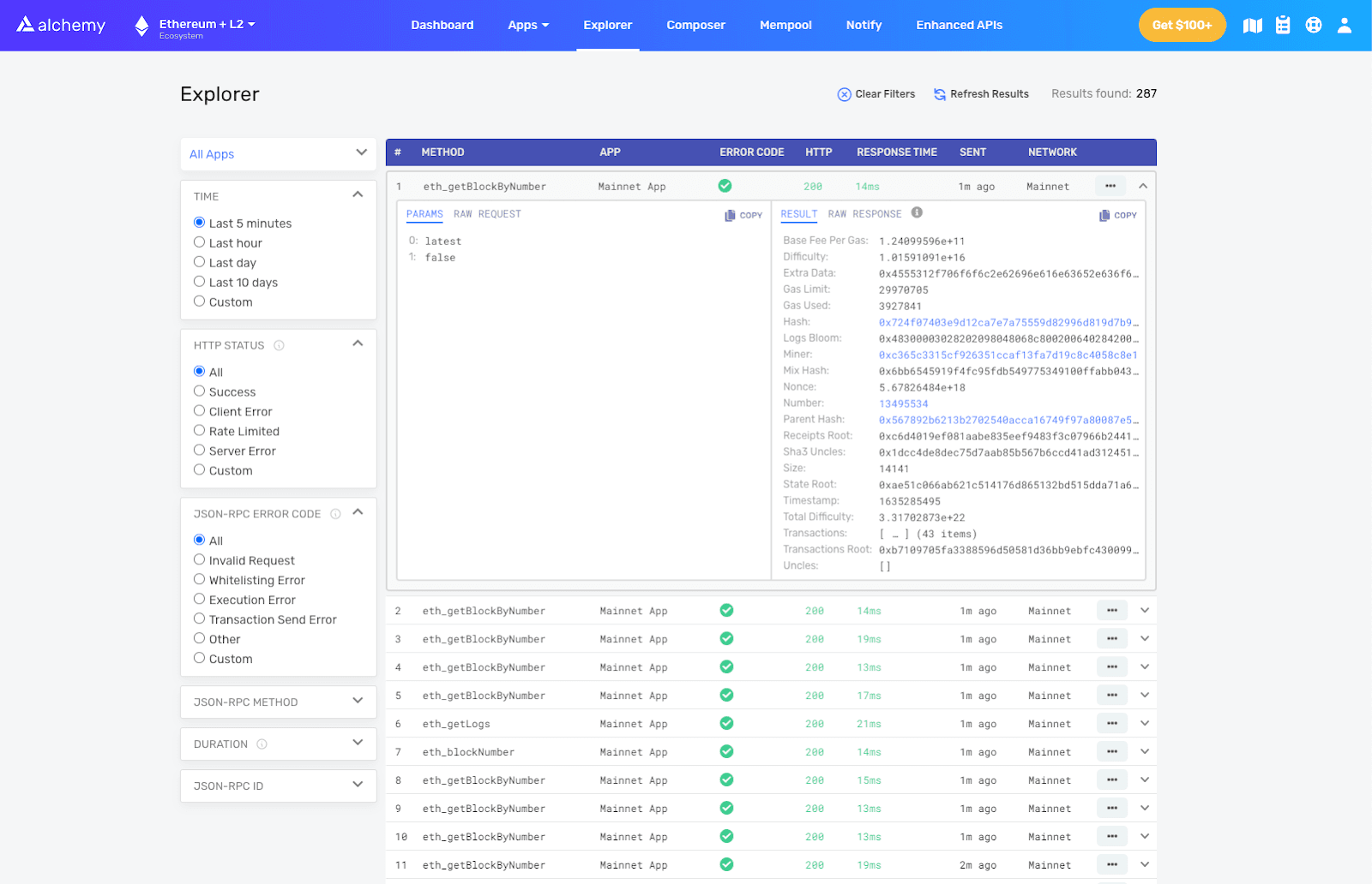 Alchemy Request Explorer: searching and filtering historical JSON-RPC requests