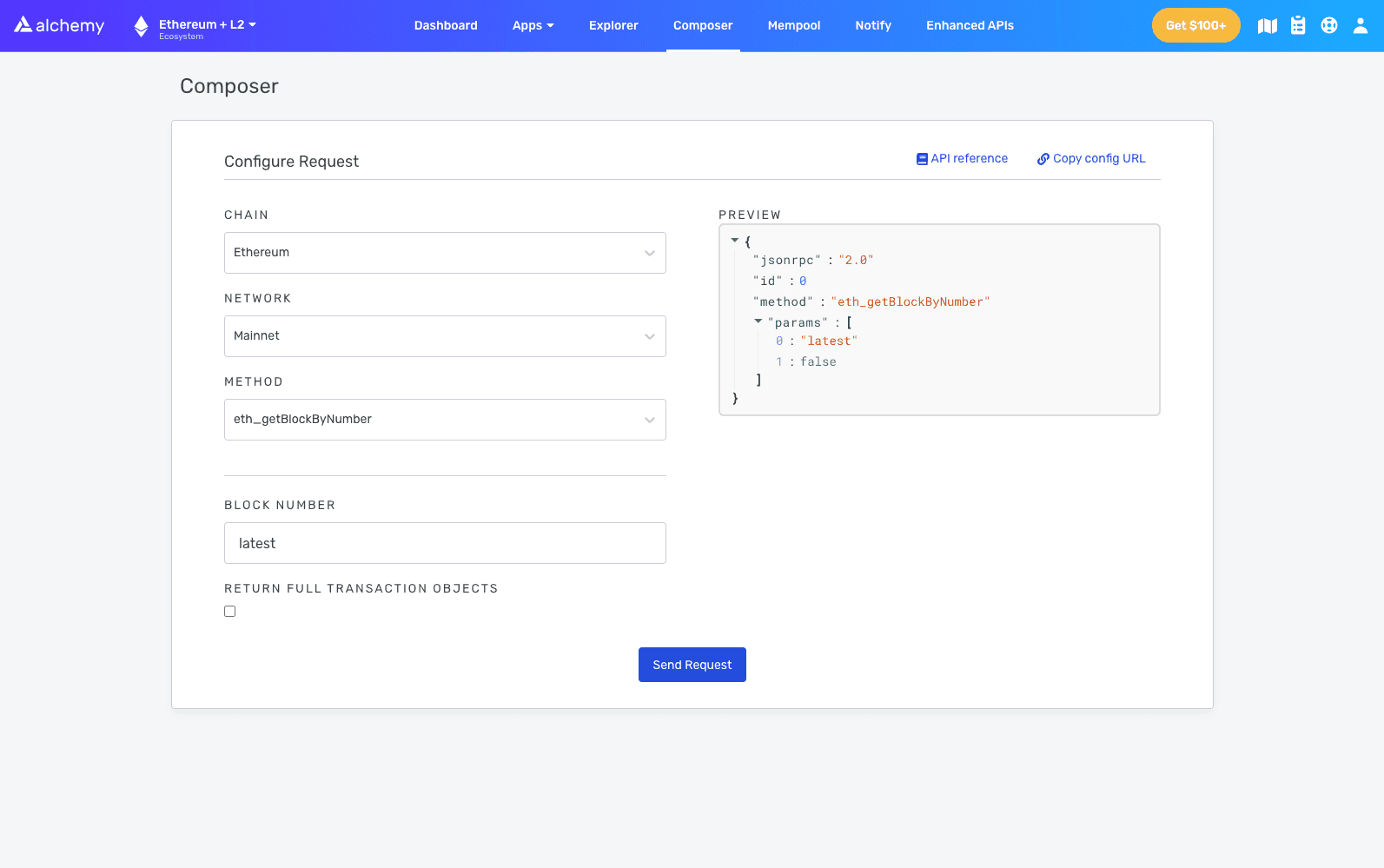 Alchemy Composer: testing a blockchain API request from the browser