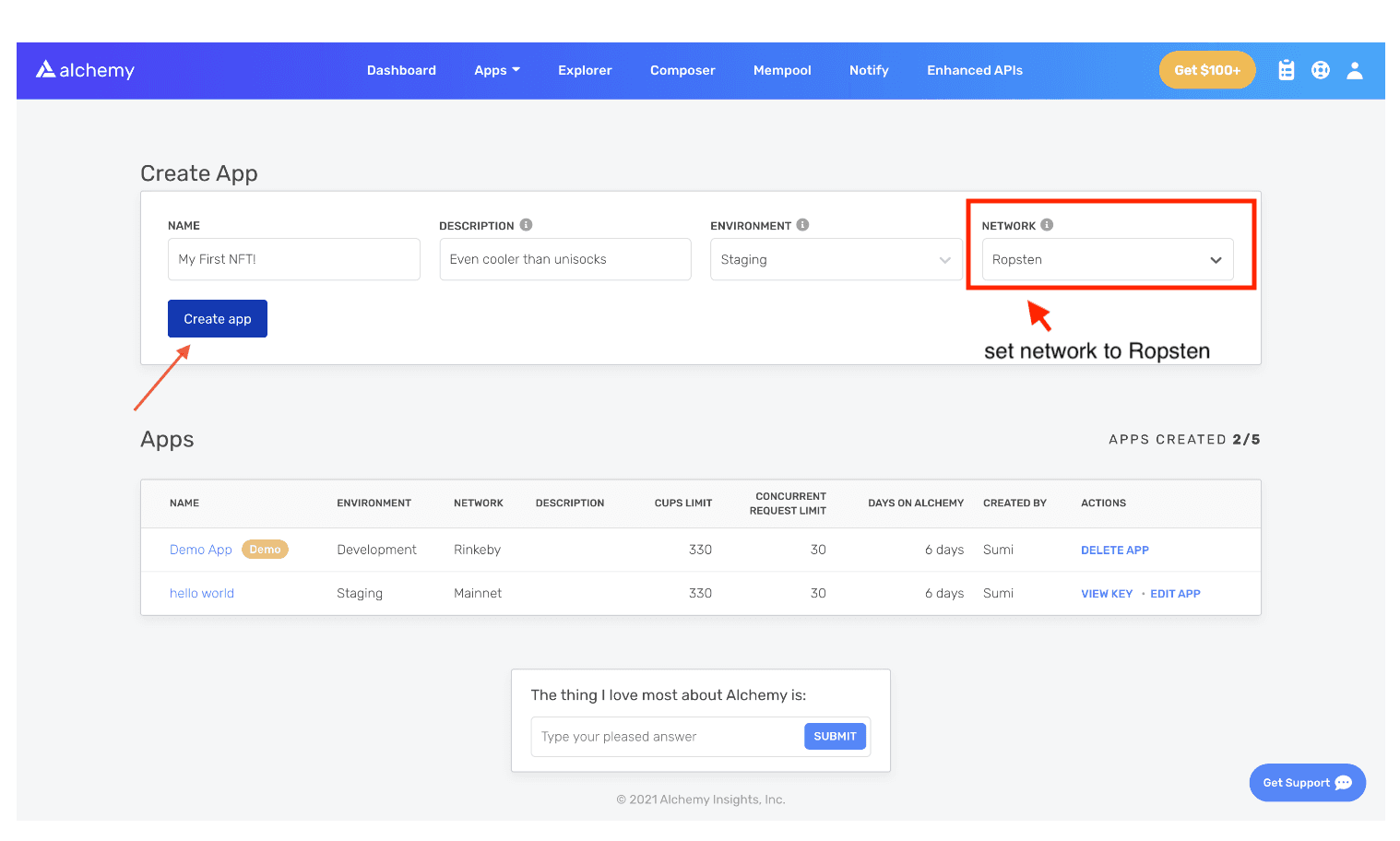 Alchemy dashboard: naming the app and selecting the Ropsten test network