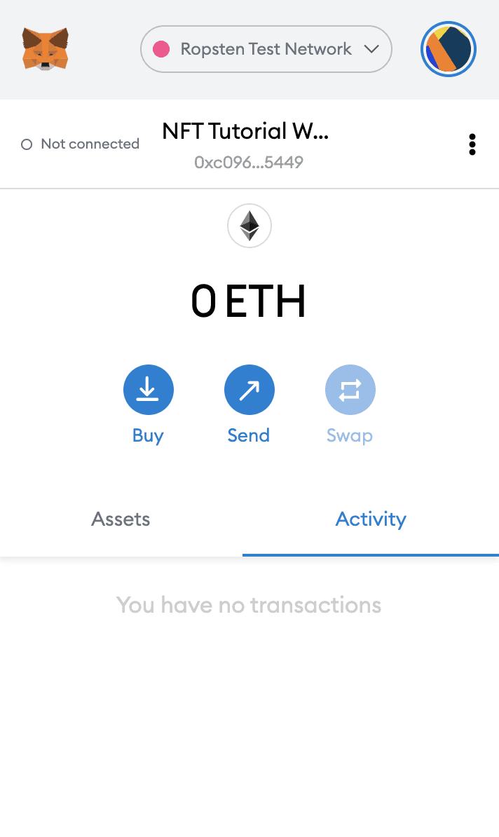 MetaMask wallet setup screen switched to the Ropsten test network