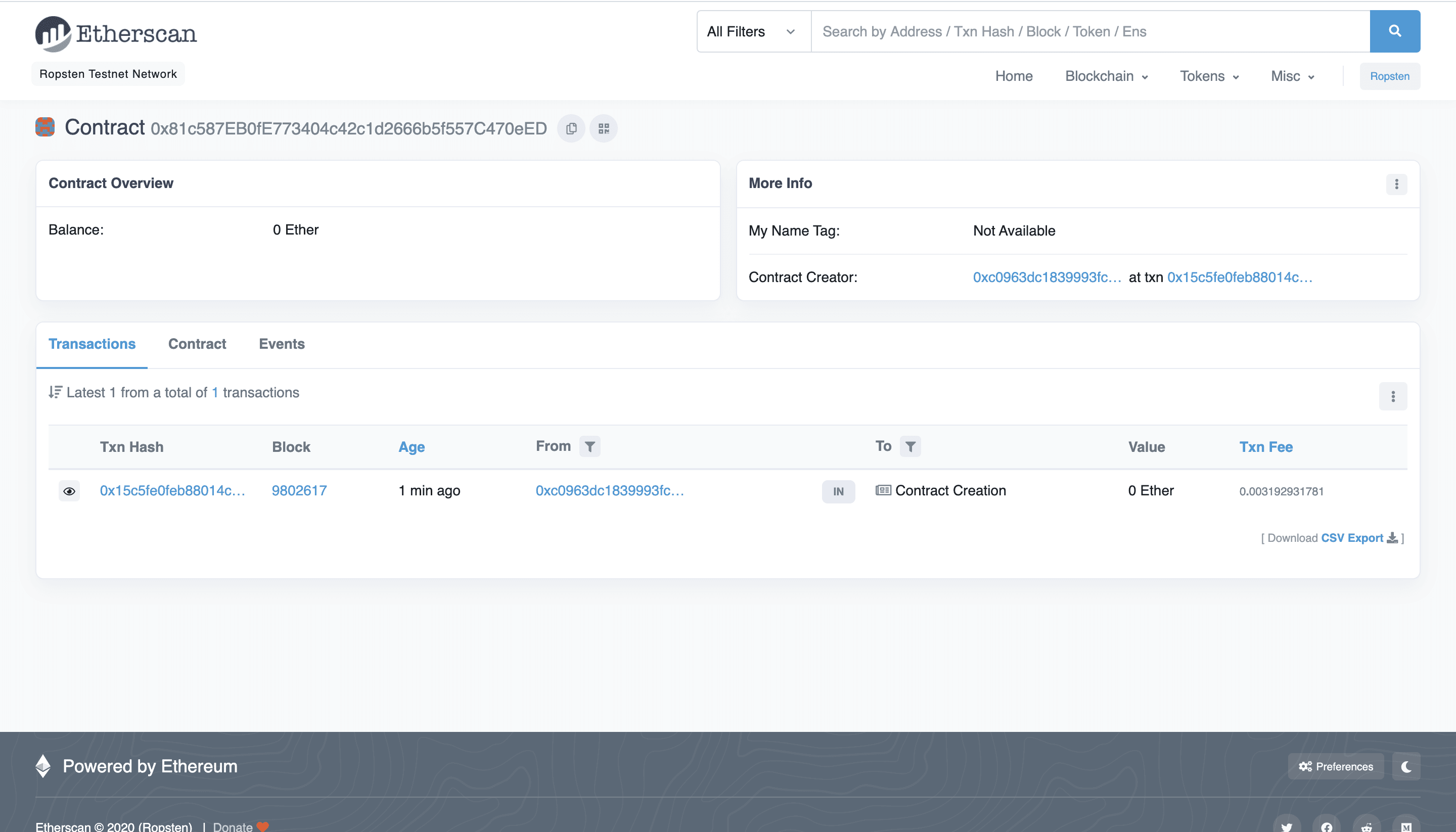 Etherscan transaction view confirming the NFT smart contract deployed successfully