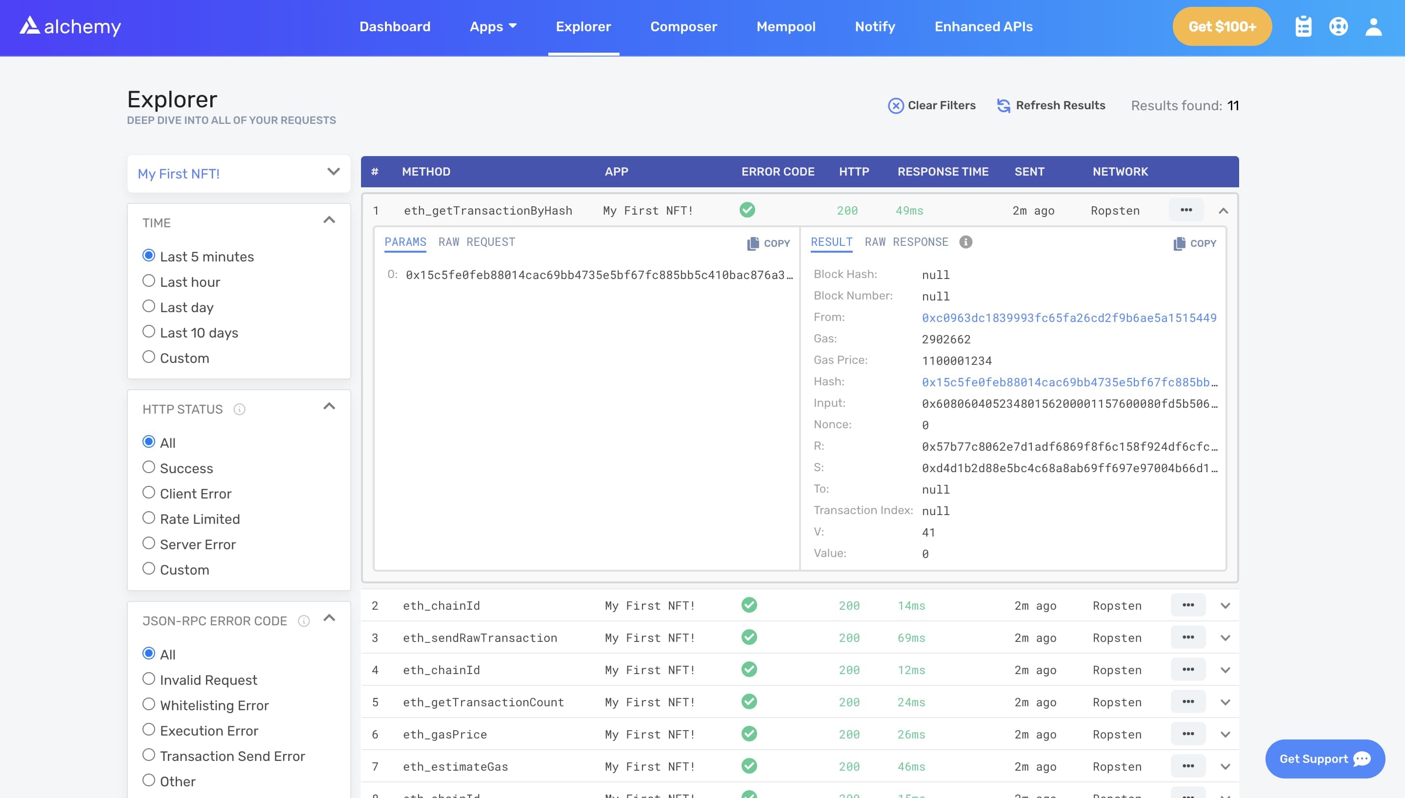 Alchemy dashboard Explorer tab listing JSON-RPC calls made during contract deployment