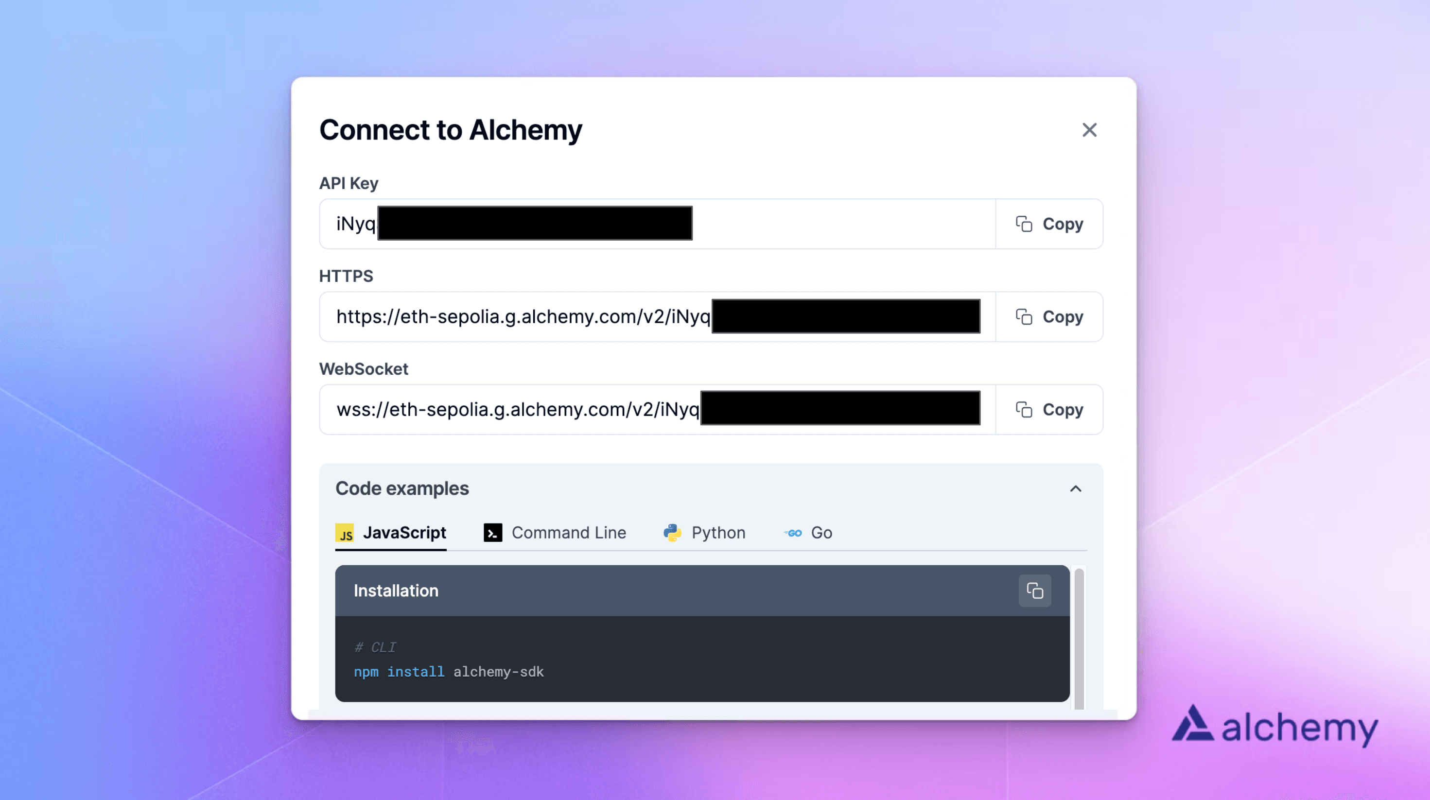 Alchemy dashboard: creating a new app on the Ethereum Sepolia network
