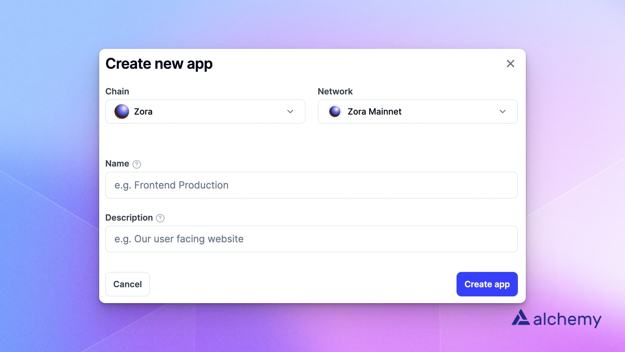 Alchemy dashboard modal for creating a new app on the Zora network