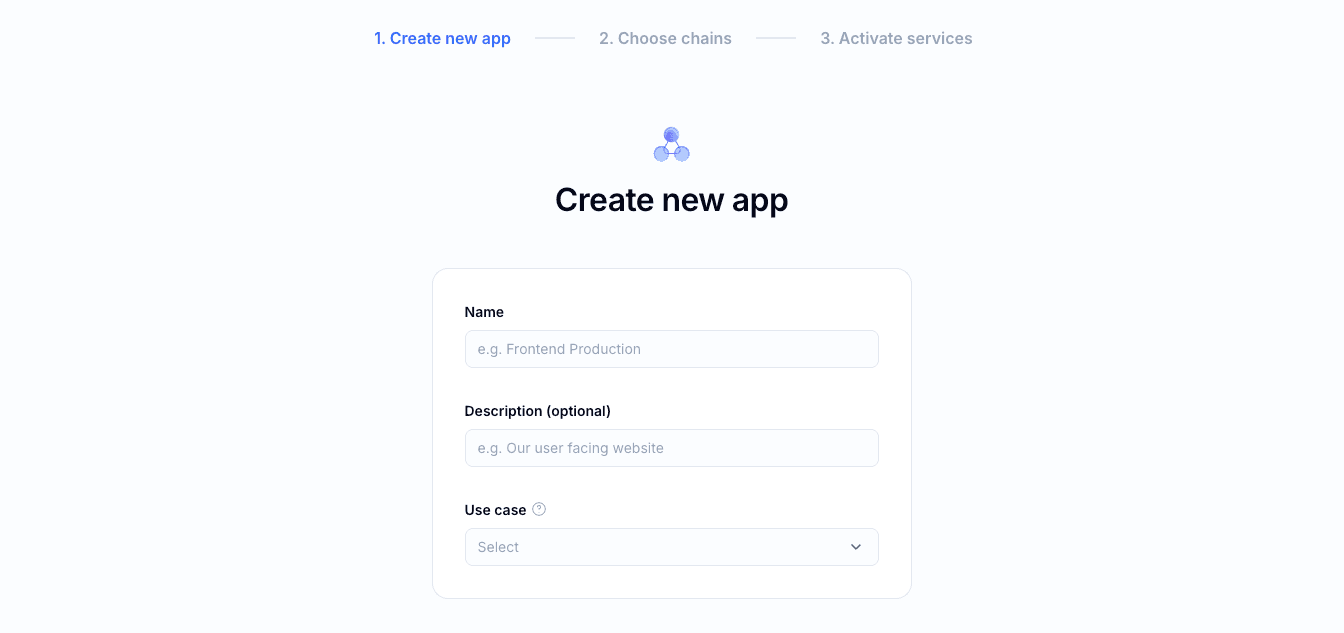 Alchemy dashboard: naming a new app and selecting a use case
