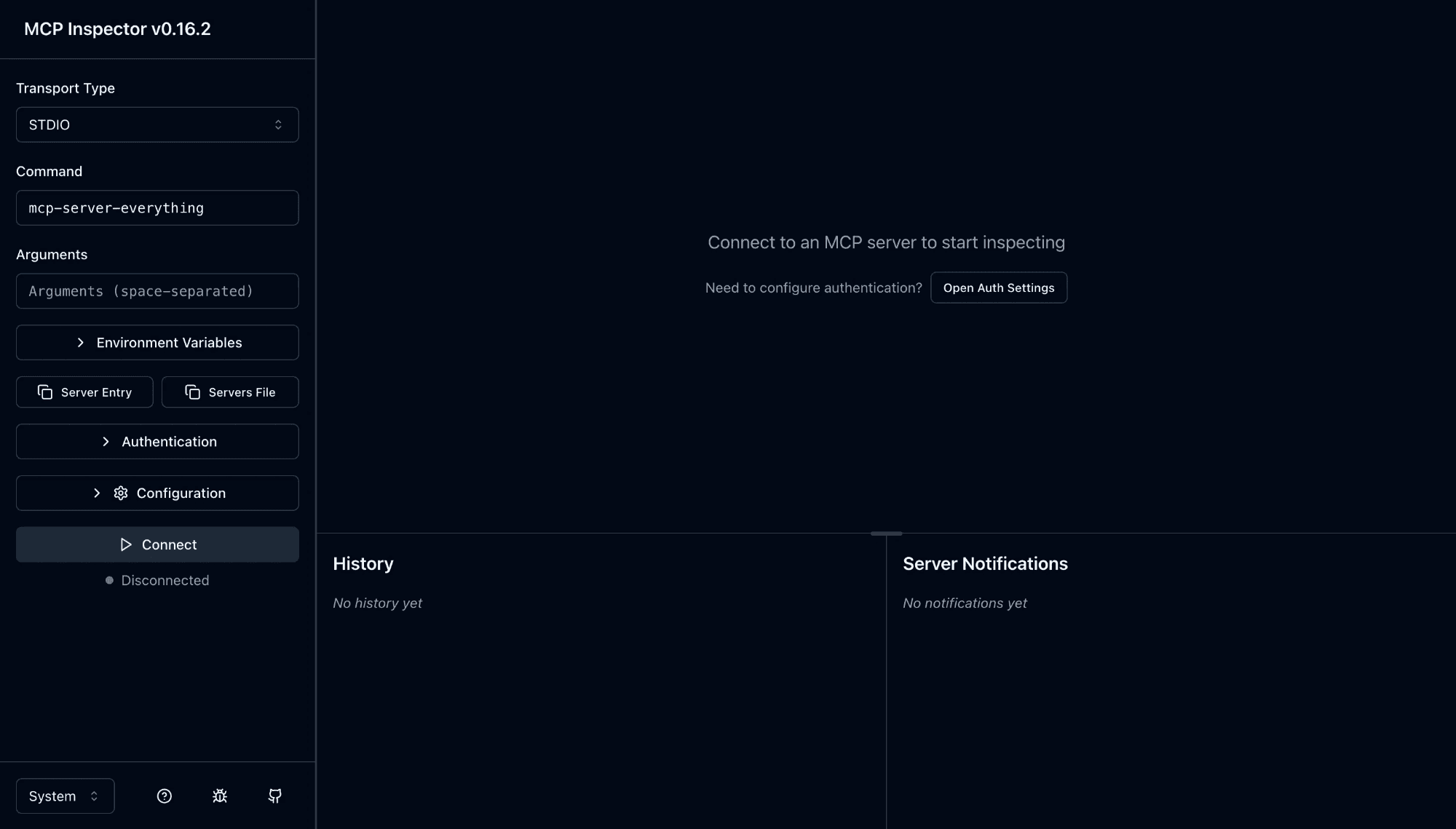 MCP Inspector interface for testing MCP server methods