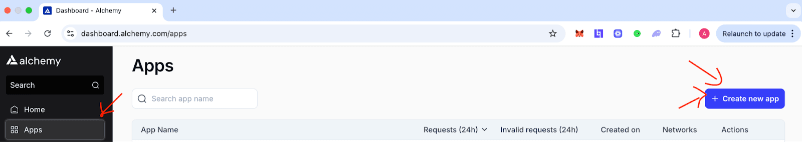 Screenshot of the Alchemy dashboard, showing you where to create an API key