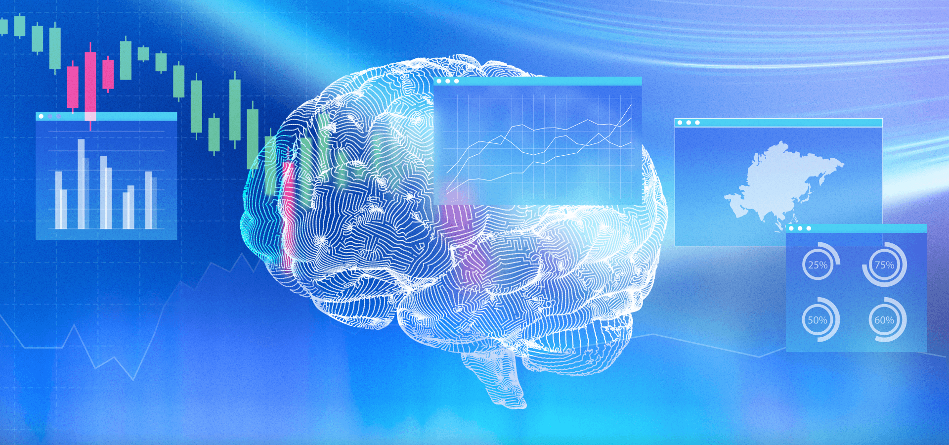 AI brain surrounded by crypto trading charts, illustrating an AI trading bot