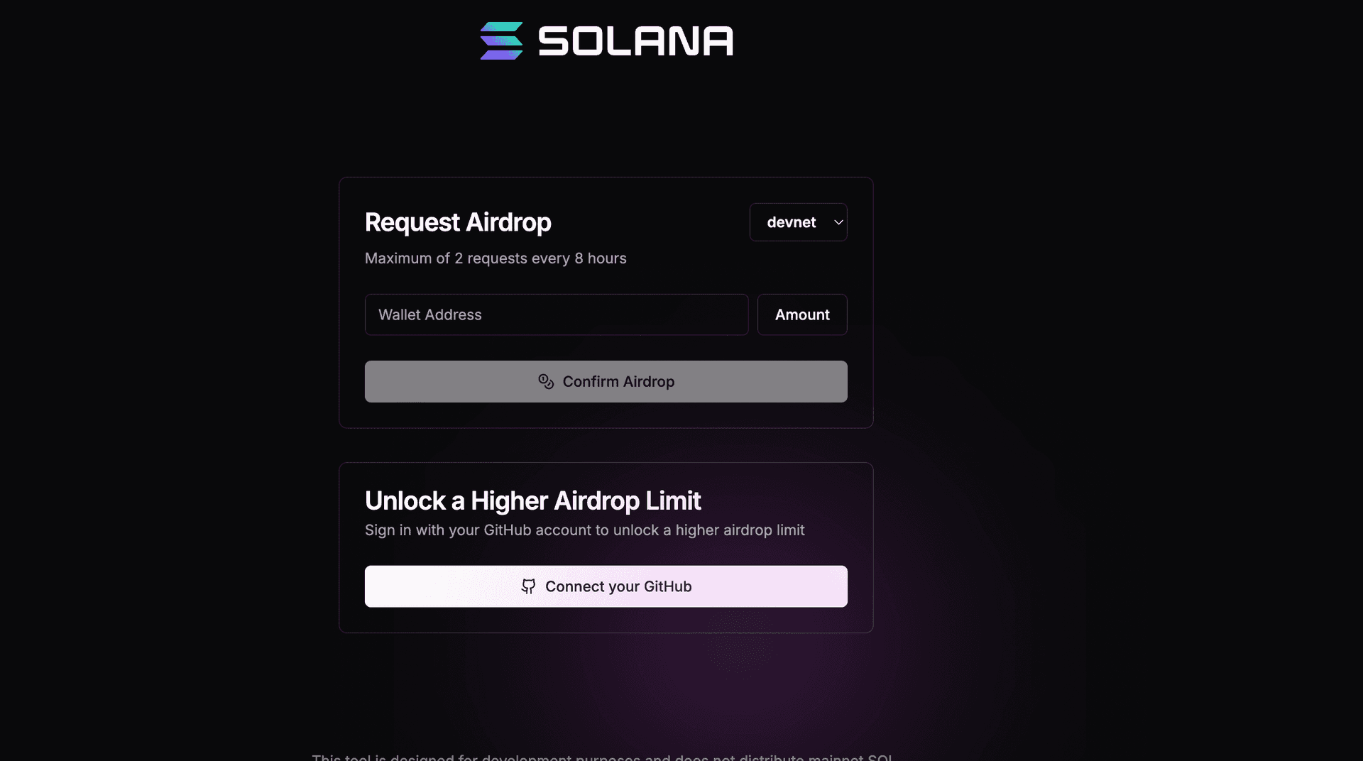 A screenshot of a Solana faucet
