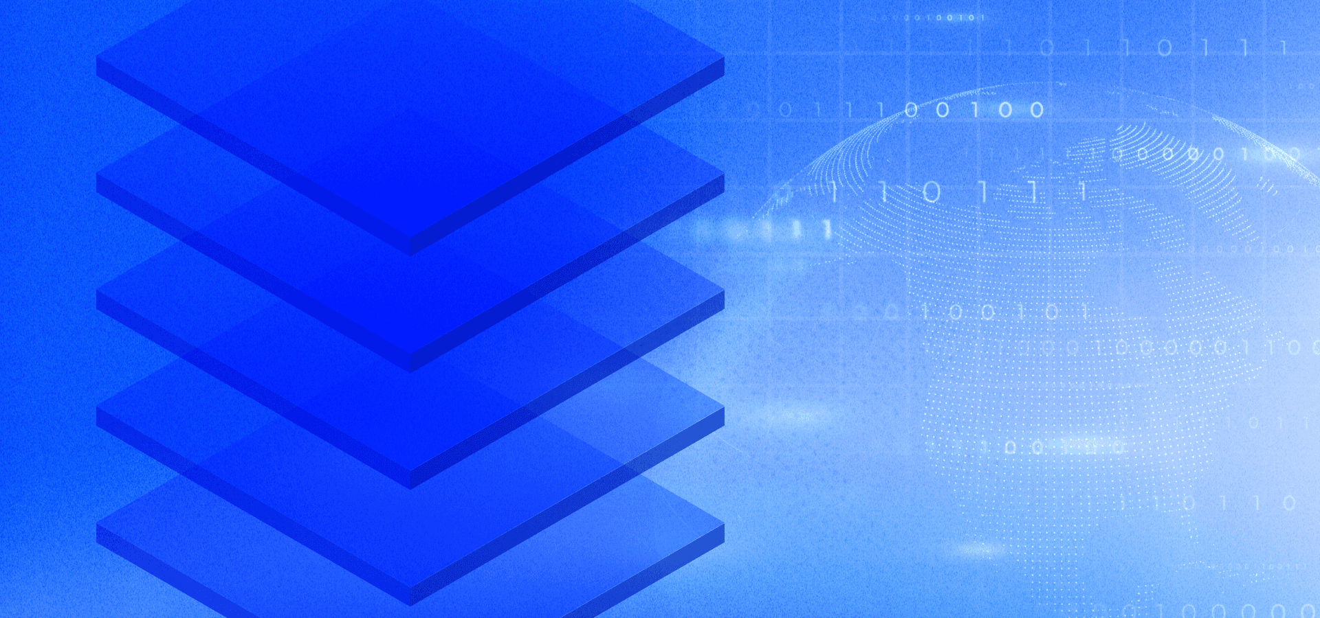 A graphic showing an abstract set of blocks and a globe