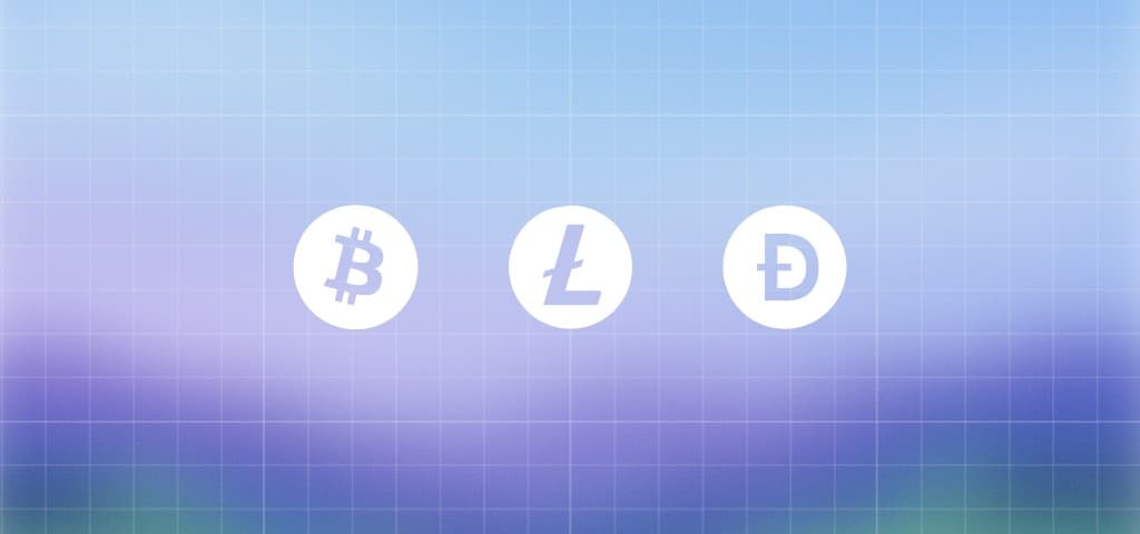 Bitcoin, Litecoin, and Dogecoin icons on a gradient grid background