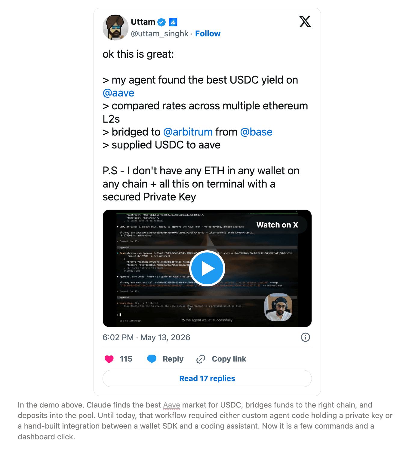 An agent in the terminal finding the best Aave USDC yield across L2s, bridging from Base to Arbitrum, and supplying to Aave, with no ETH in any wallet and only a scoped private key