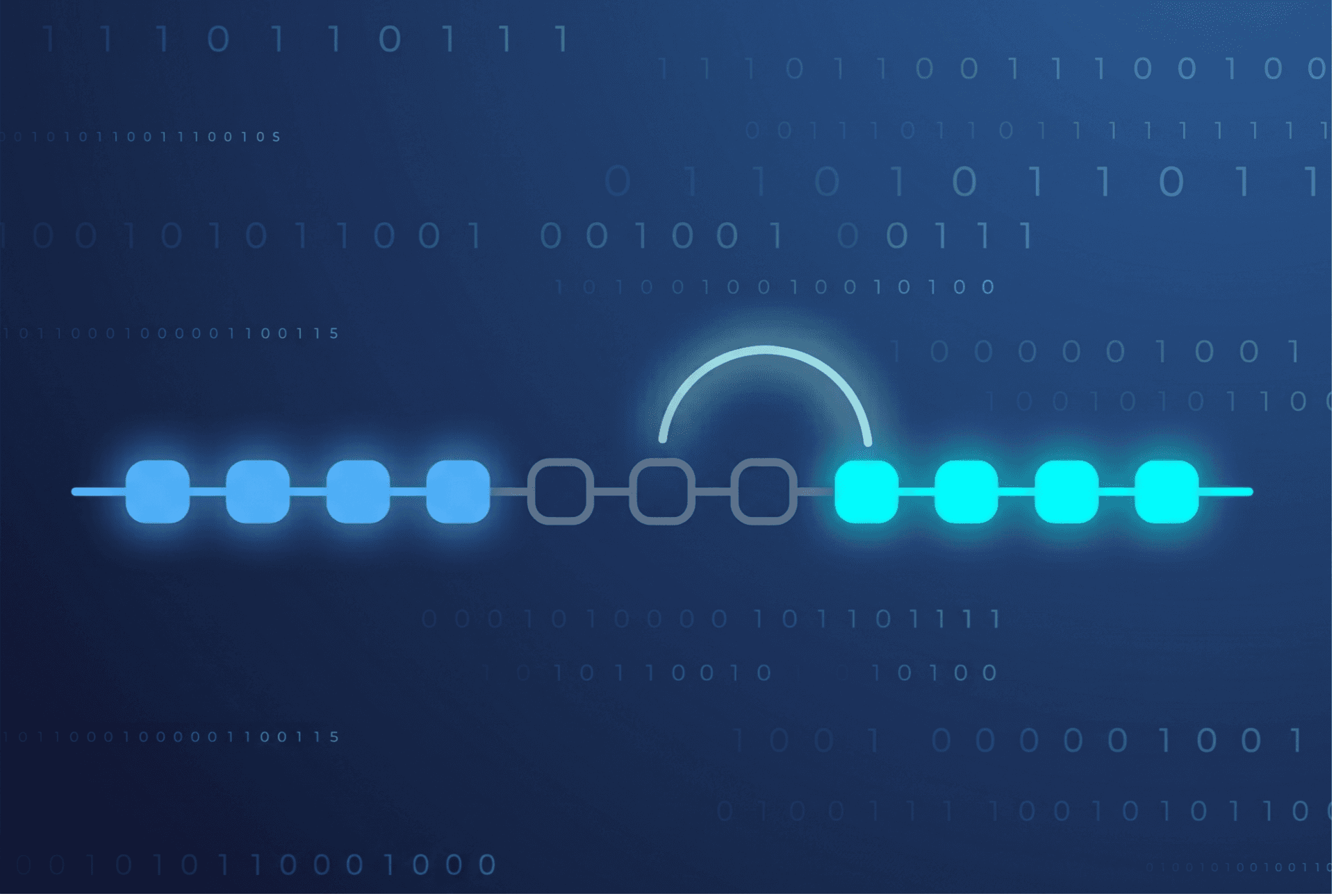 Glowing arch bridging a gap in a stream of data blocks