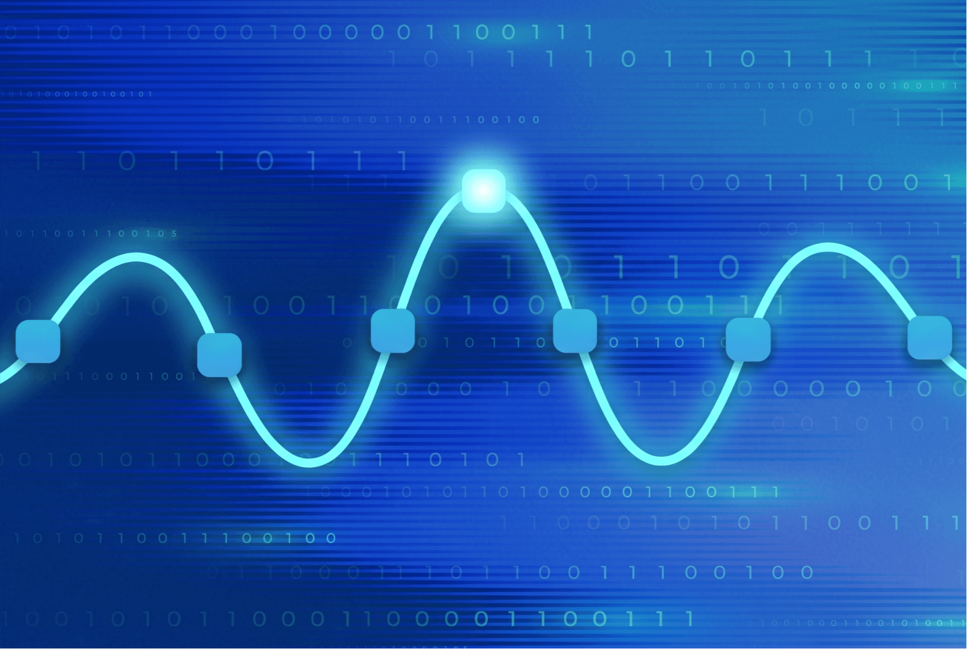 Waveform with glowing nodes representing live stream telemetry