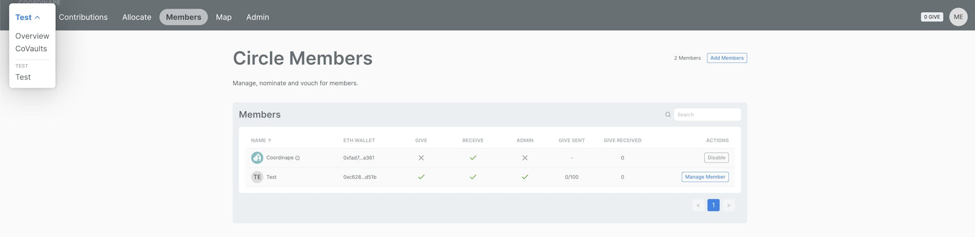 Coordinape DAO Project Management Tool - Circle Members Dashboard