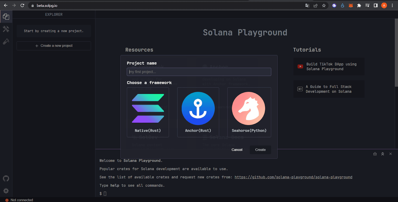 Solana Playground selection screen for choosing a development framework: Native, Anchor, and Seahorse.