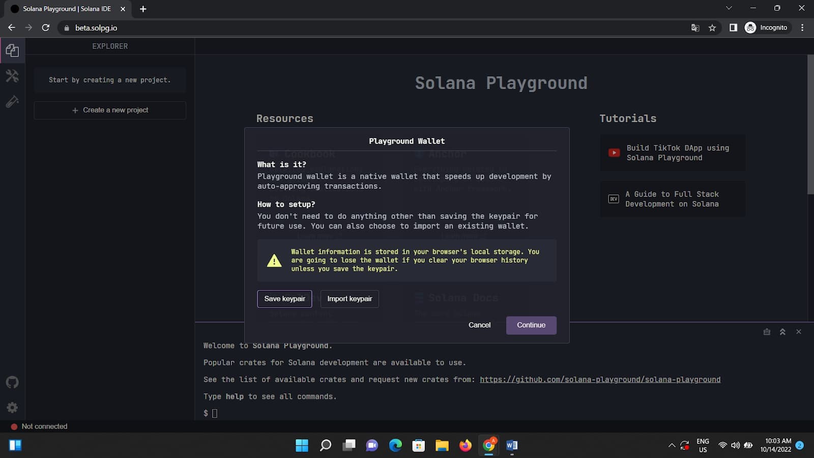 Solana Playground interface for creating a new Playground Wallet