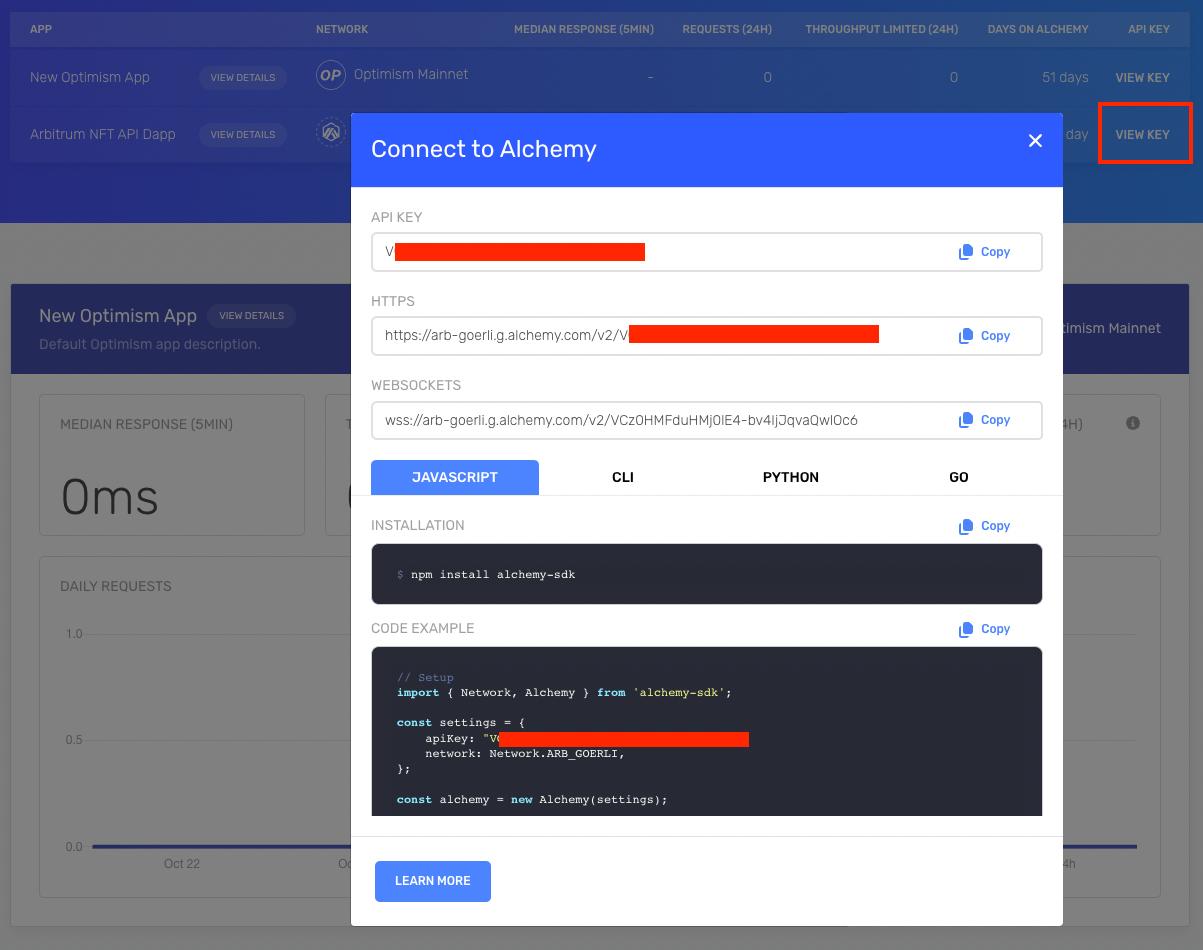 Arbitrum API key and code example in the Alchemy dashboard.