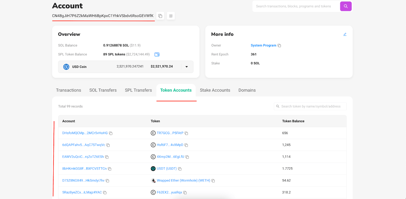 Solscan.io interface to check ATAs of a wallet