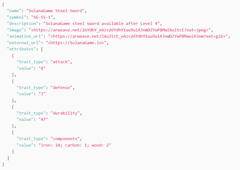 JSON example of Solana SFT metadata