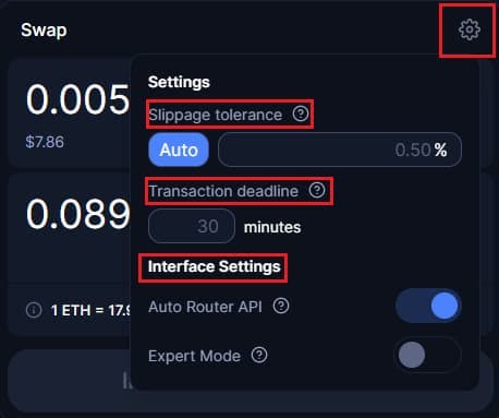 Uniswap Ethereum Decentralized Exchange - Check your Settings