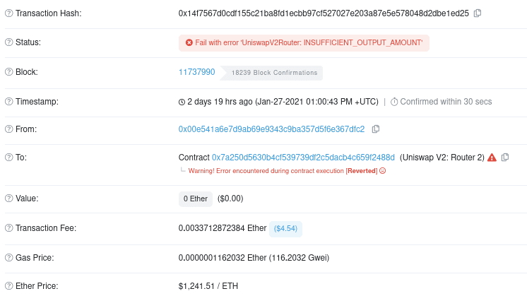 A diagram showing a failed DeFi transaction resulted from a frontrunning attack