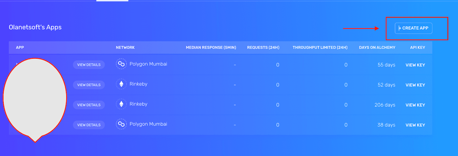 Alchemy dashboard where you can create a new app for a personal RPC endpoint on Ethereum, Polygon, Arbitrum, Optimism, and more.