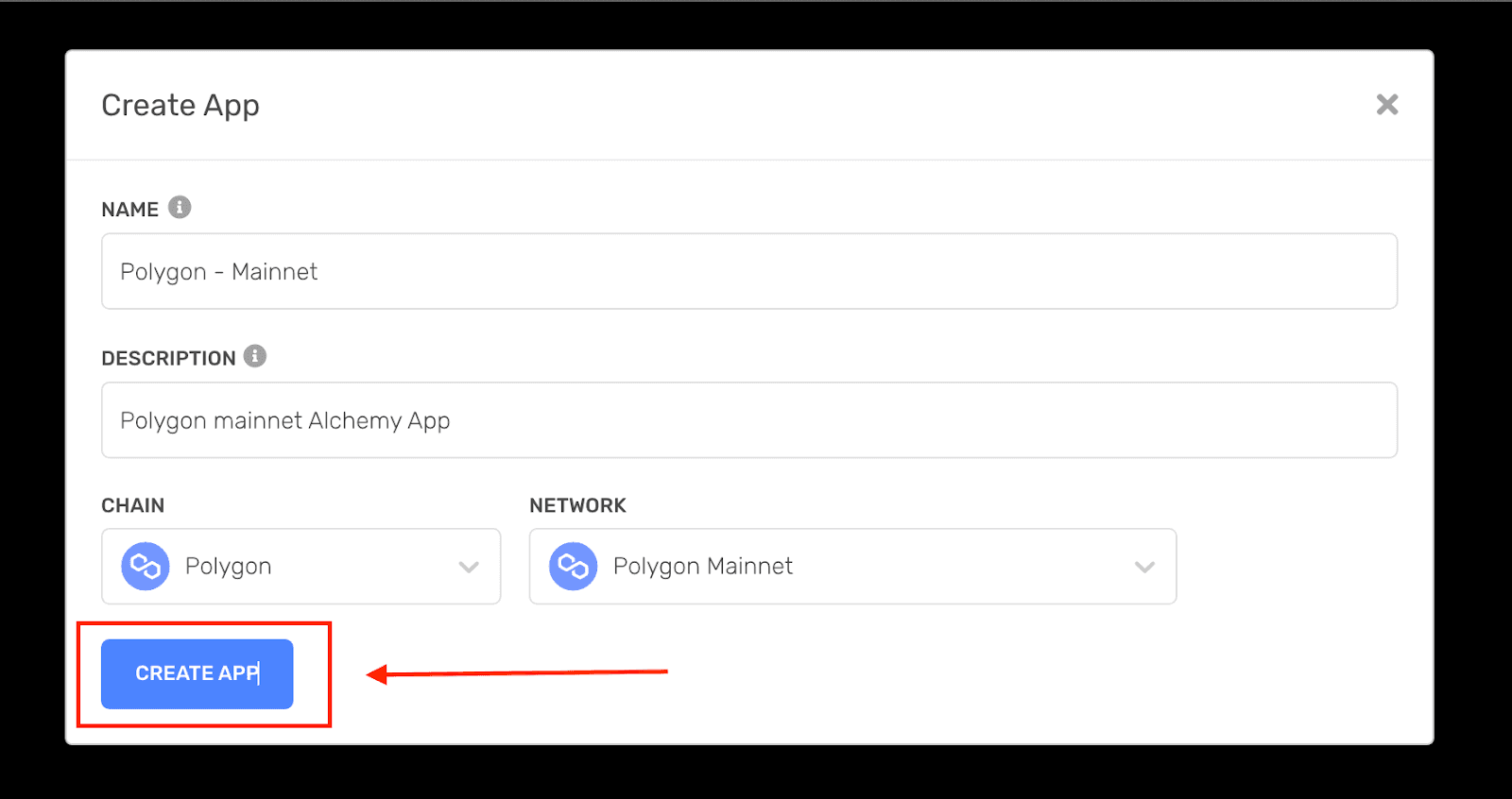 Alchemy dashboard interface for creating a new app on the Polygon Mainnet.