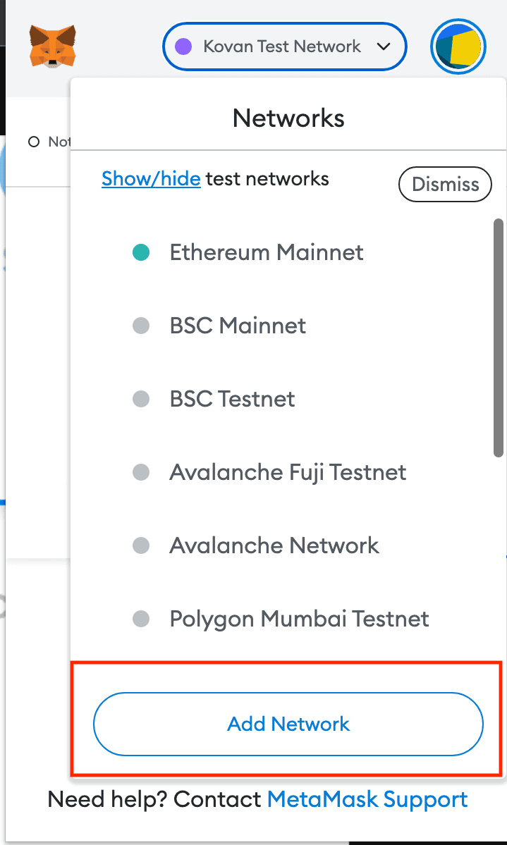 MetaMask interface for adding a new network.