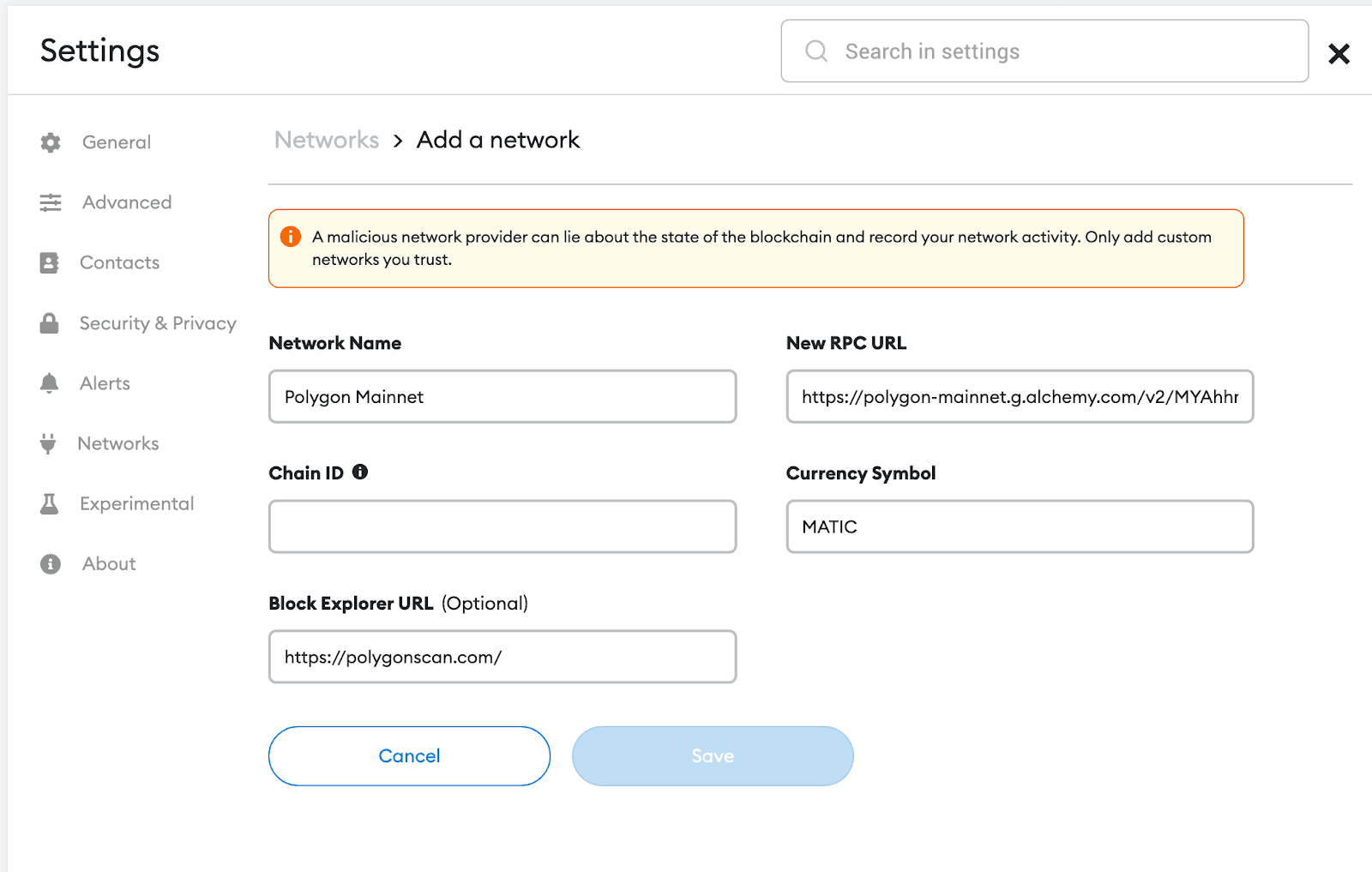 MetaMask network settings interface where you can add your personal RPC endpoint URL.