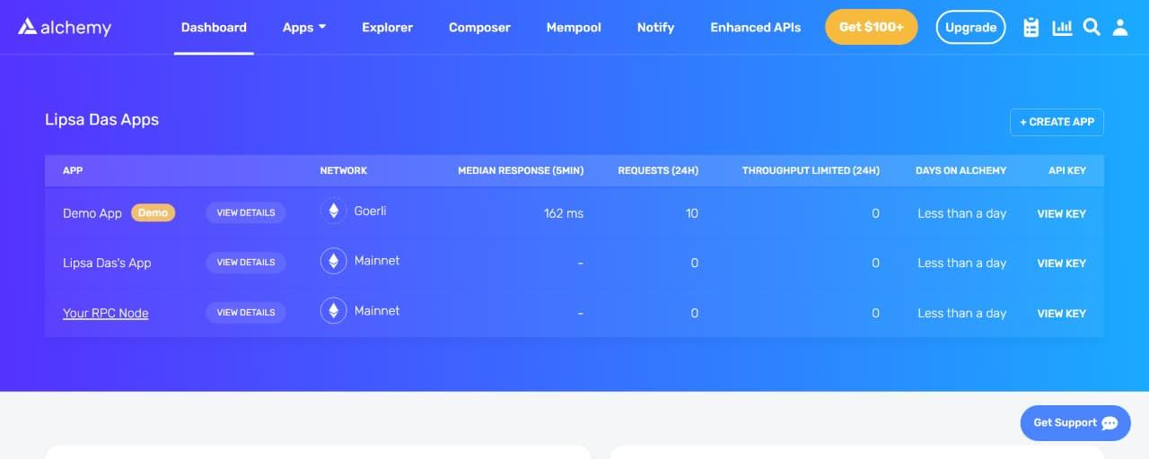 Alchemy dashboard to create RPC nodes