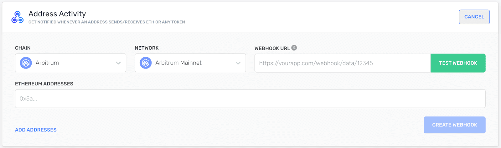 The Address Activity screen, showing the information needed to test and create a webhook