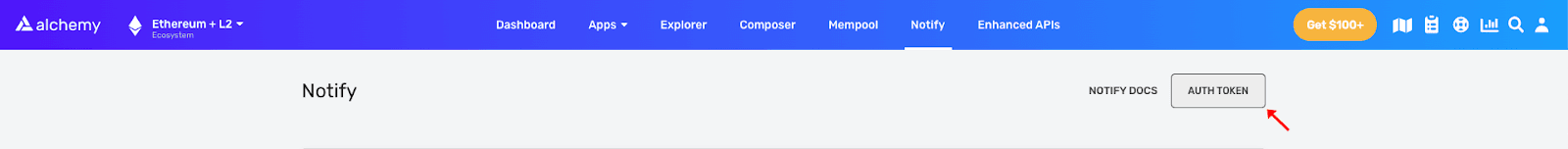 Alchemy dashboard showing where to copy the Auth Token for the Notify API.