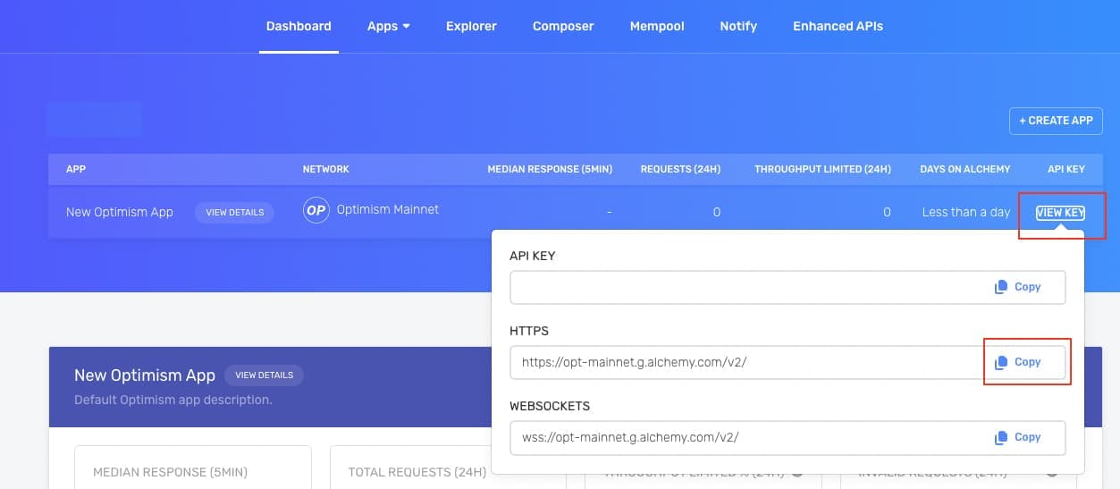 Copy your Optimism RPC endpoint URL from the Alchemy application dashboard.