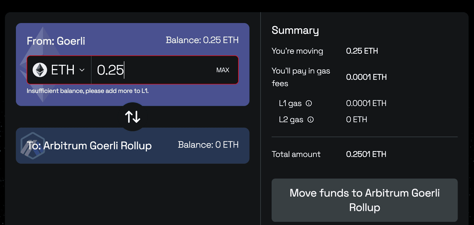 Bridge Goerli ETH using  Arbitrum Goerli bridge