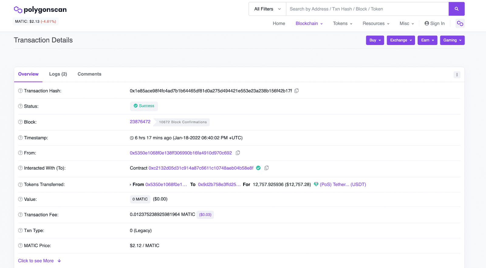 screenshot of polygon scan transaction details