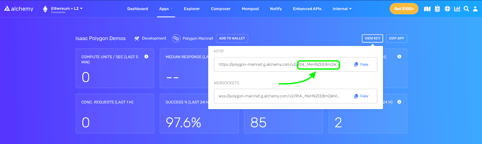 screenshot of alchemy dashboard API key