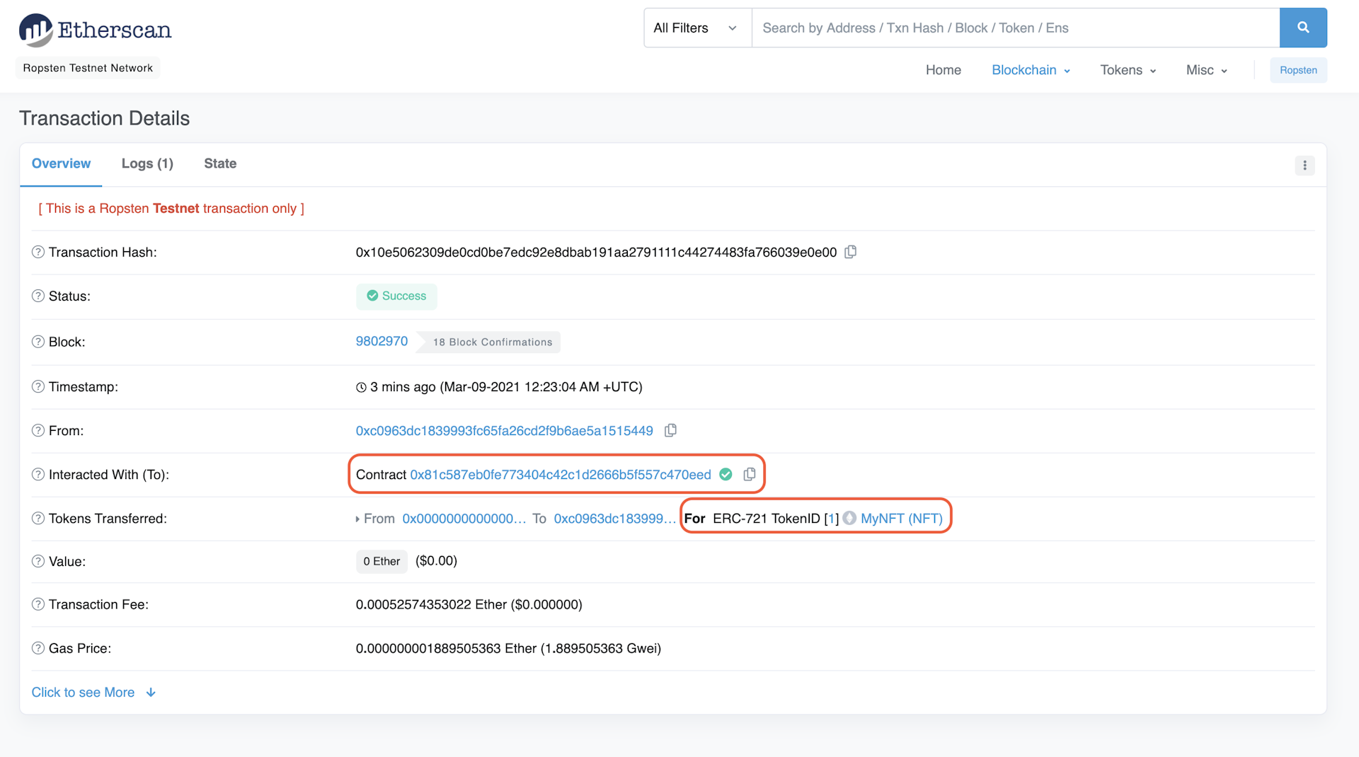 Transaction hash of minted a NFT