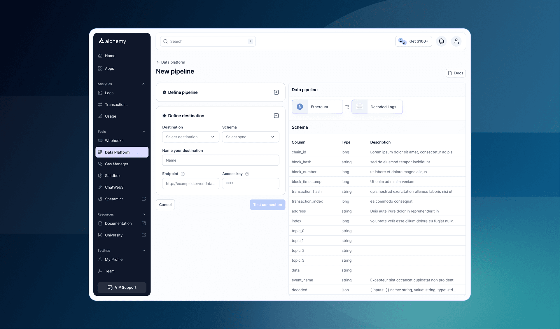 create and define your web3 data pipeline