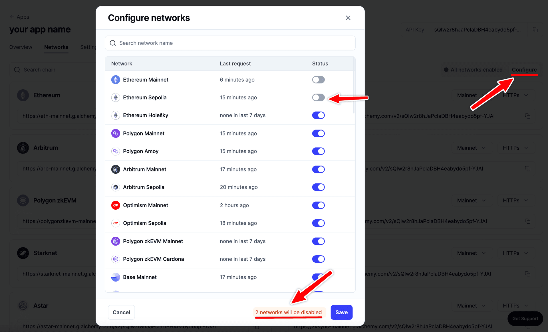 Disable networks using the Configure option