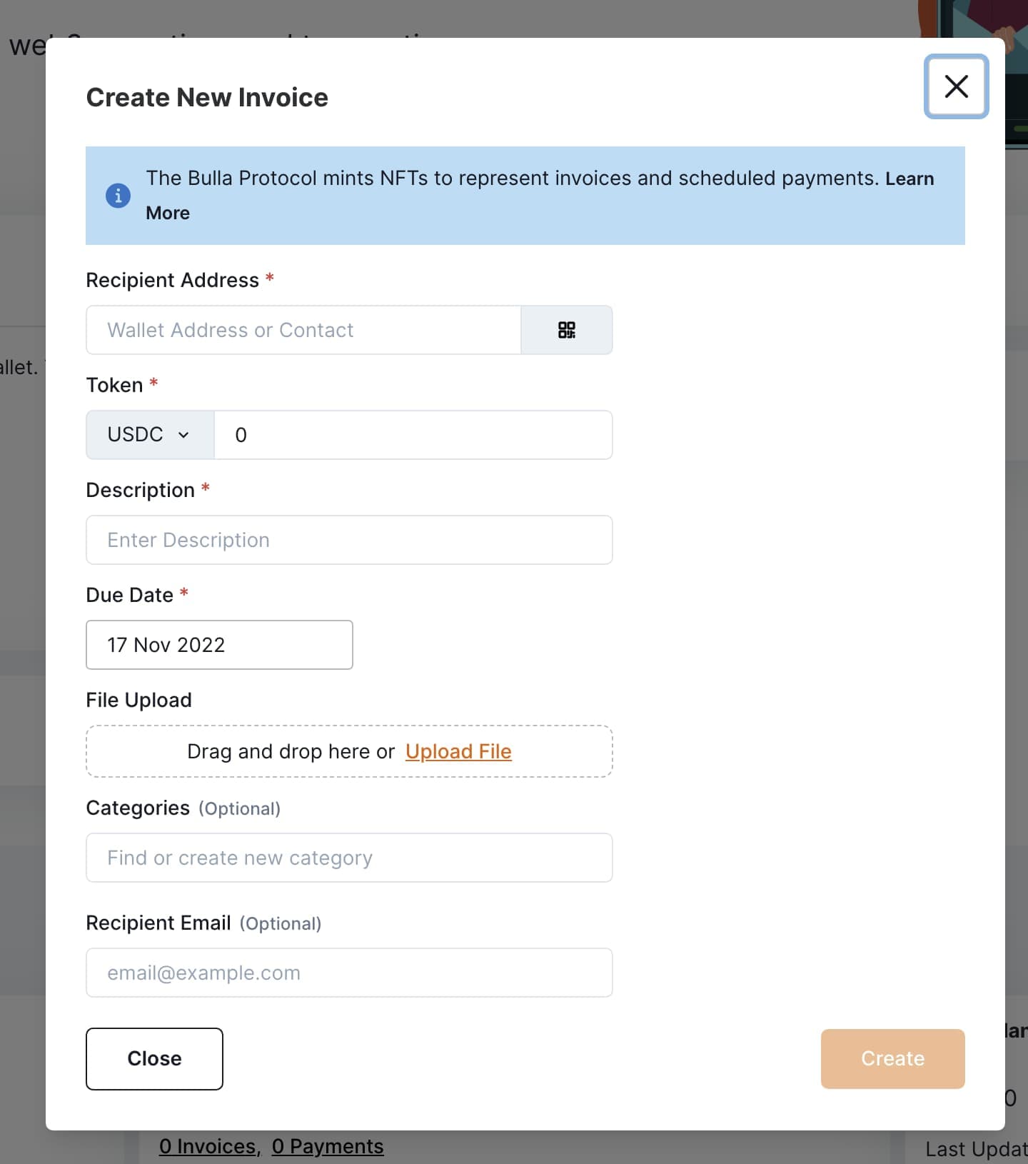 Bulla Network DAO Accounting Tool - Create Your Invoice
