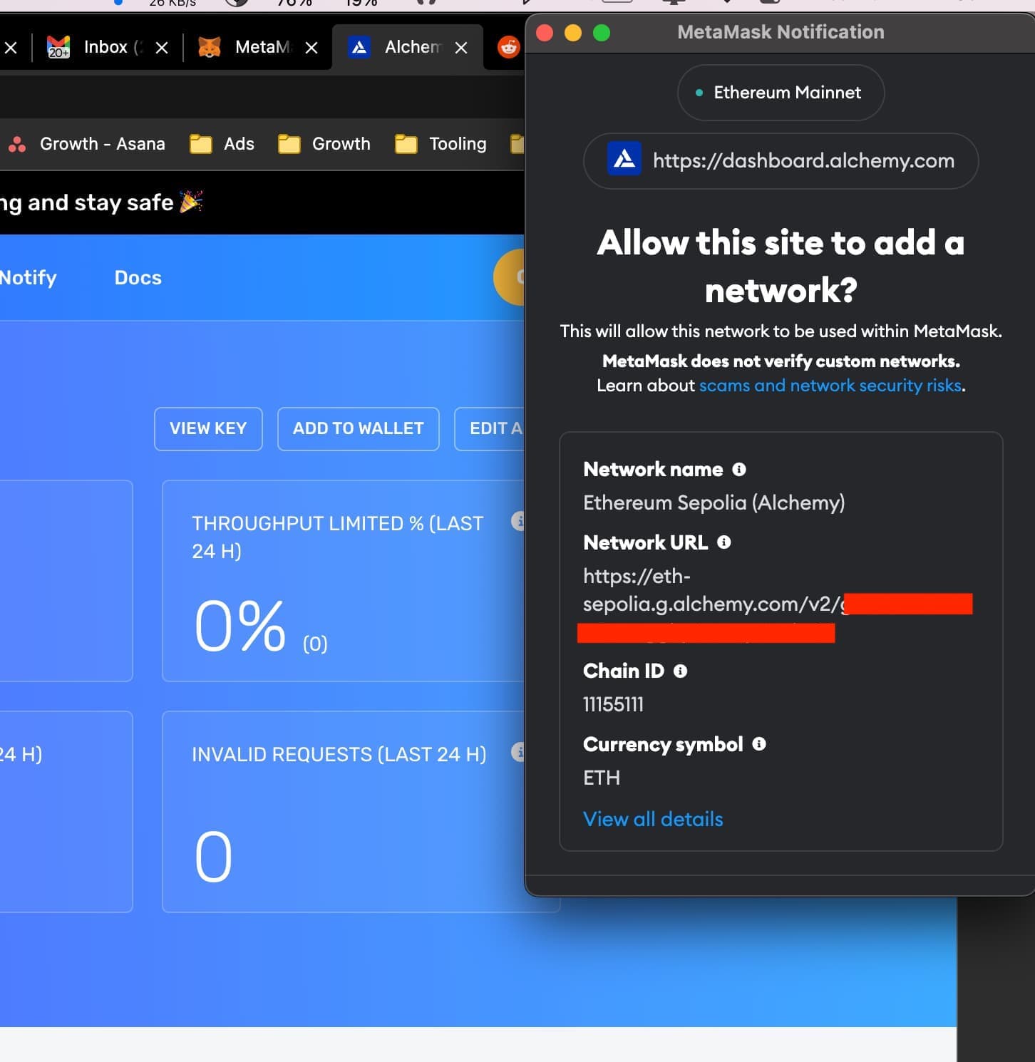 Pop up box to allow Alchemy to add a Sepolia RPC URL to your wallet.